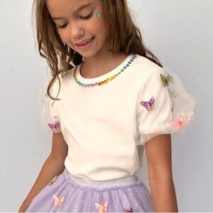 Lola + the Boys White Tee with Rainbow Crystal Neckline,  Butterfly Puff Sleeves